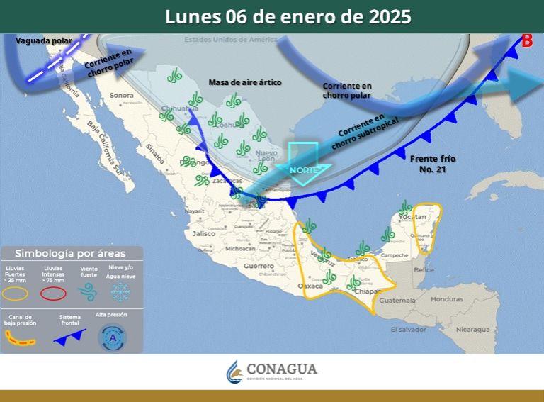 Pronóstico del clima para el lunes 6 de enero. Foto: Conagua Clima