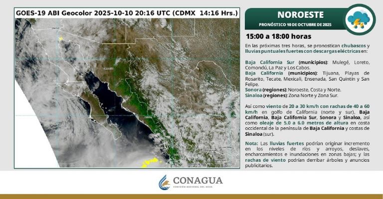 Para hoy viernes 10 de octubre en la noche se esperan lluvias fuertes