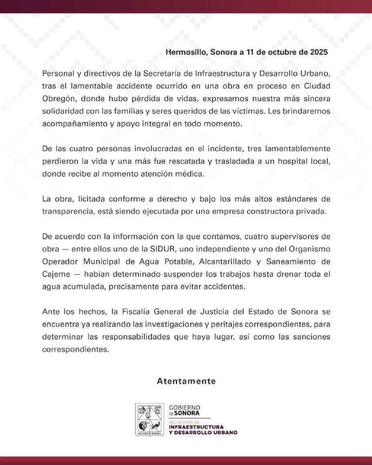 Sidur informa sobre accidente de trabajadores en Ciudad Obregón