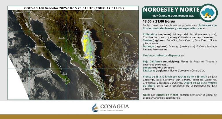 Para hoy en la noche de miércoles 15 de octubre de 2025 se prevén lluvias dispersas y más frío para el sur de la entidad 