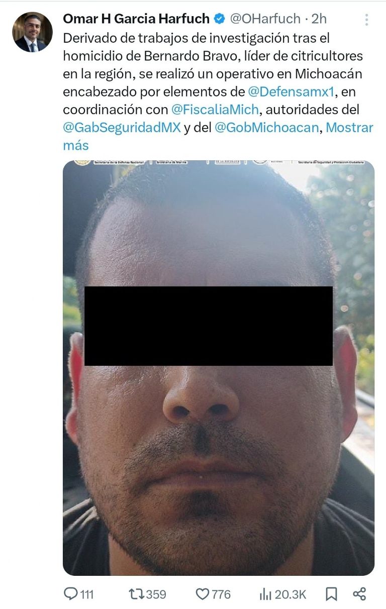 Harfuch confirmó la detención de Rigoberto 'N'. Foto: Facebook