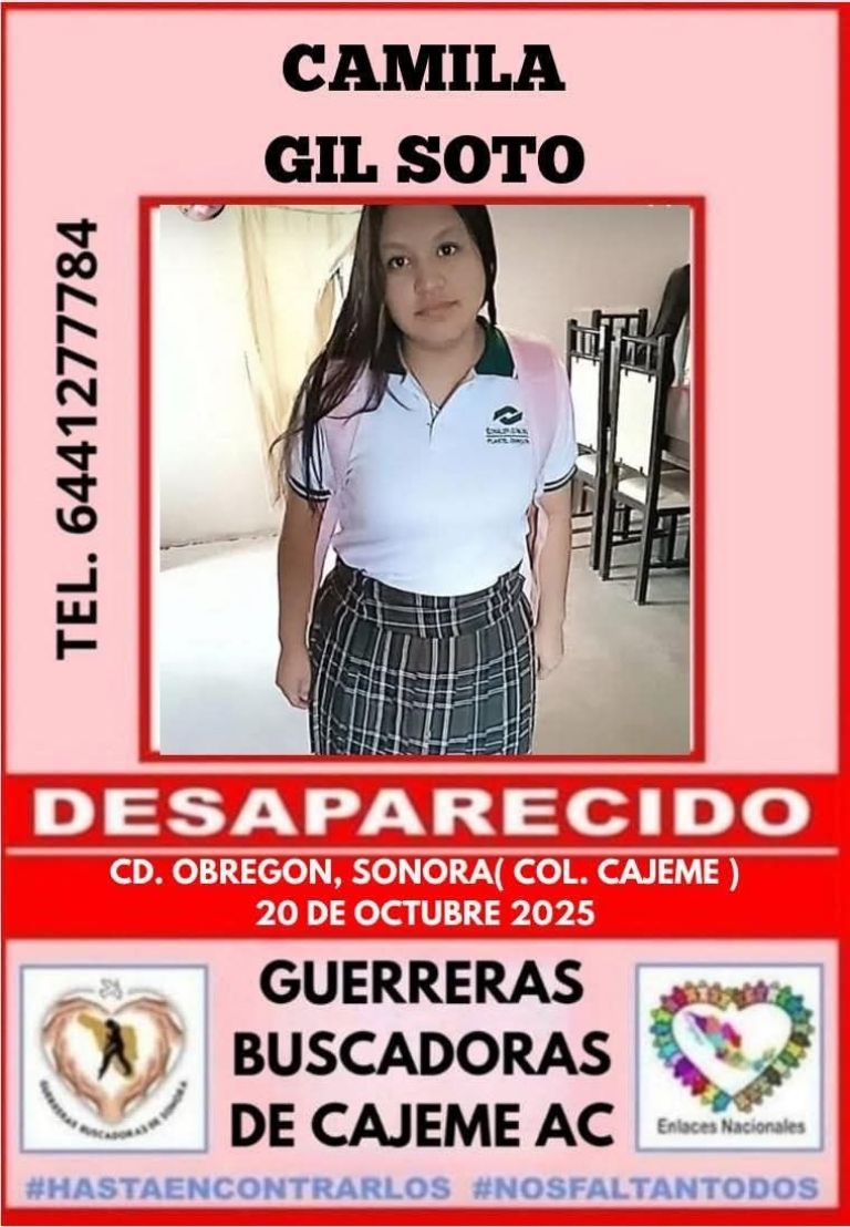 Reportan desaparición de Camila Gil Soto en Ciudad Obregón, Sonora.