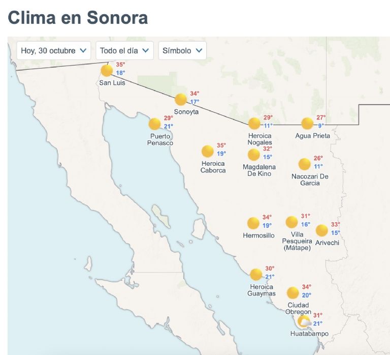 Así será el clima en Sonora hoy jueves 30 de octubre. Foto: Conagua