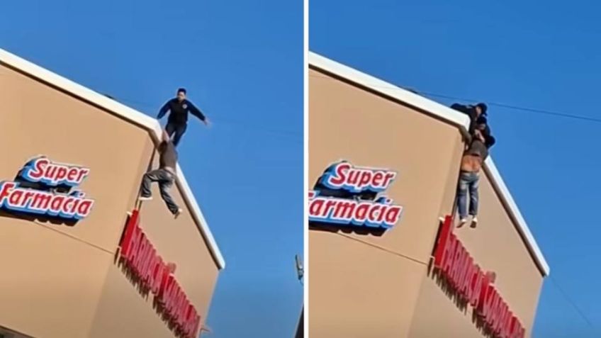 (VIDEO) Así rescataron a sujeto que intentó arrojarse de una farmacia en Ciudad Obregón