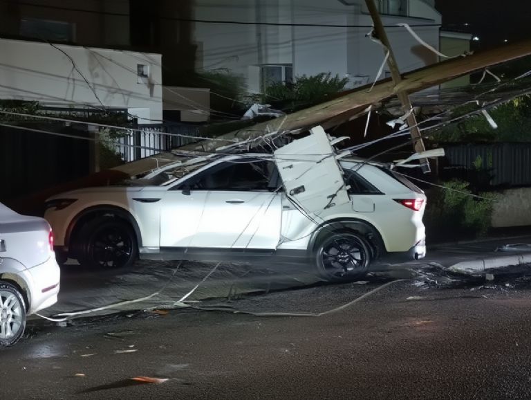 El poste quedó arriba del automóvil tras el fuerte choque