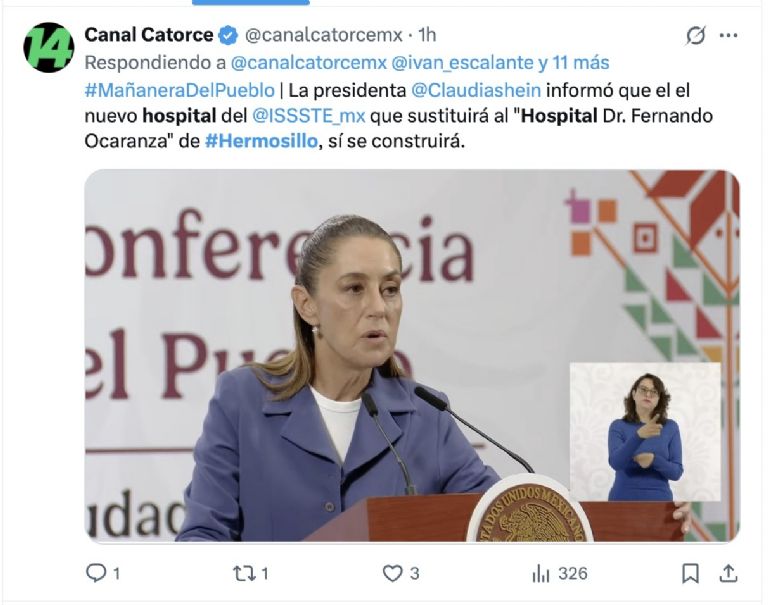 La primera presidenta de México habló sobre el nuevo hospital de Hermosillo. Foto: Gobierno de México