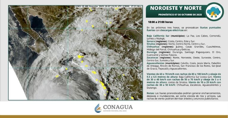 Para hoy martes 7 de octubre se prevén lluvias para la noche por un canal de baja presión y el huracán 'Priscilla' categoría 2