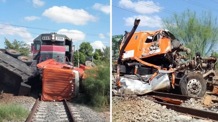 Operador de dompe intenta ganarle el paso al tren y provoca accidente al sur de Sonora