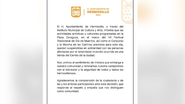 Cancelan actividades culturales tras incendio en Hermosillo