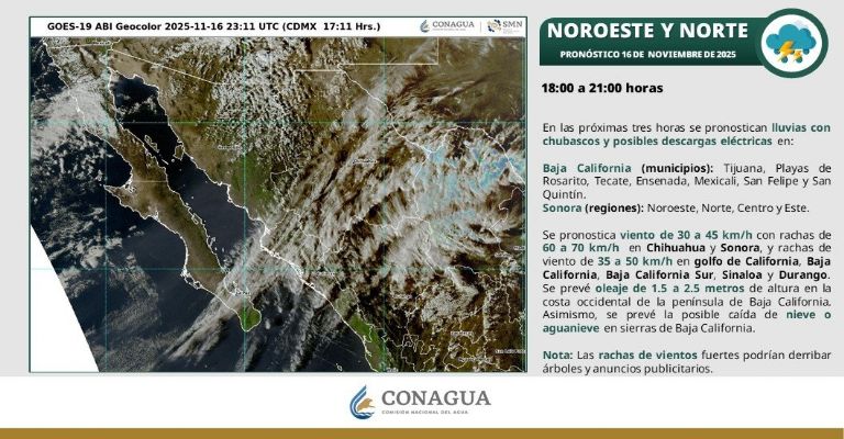 Este domingo 16 de noviembre de 2025 por la noche se prevén lluvias y descargas eléctricas