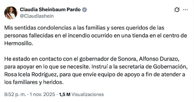 Claudia Sheinbaum se pronuncia por siniestro en Hermosillo. Foto: Facebook