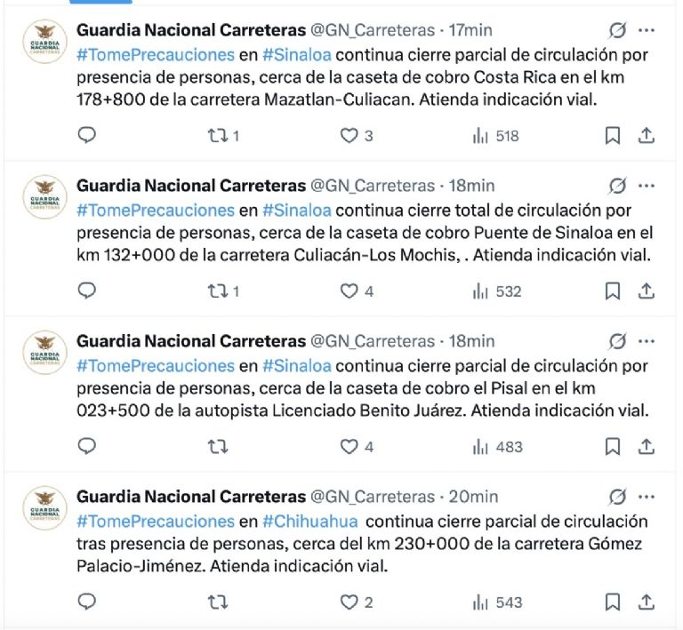 Guardia Nacional reporta cierres carreteros este martes. Foto: Guardia Nacional División Caminos
