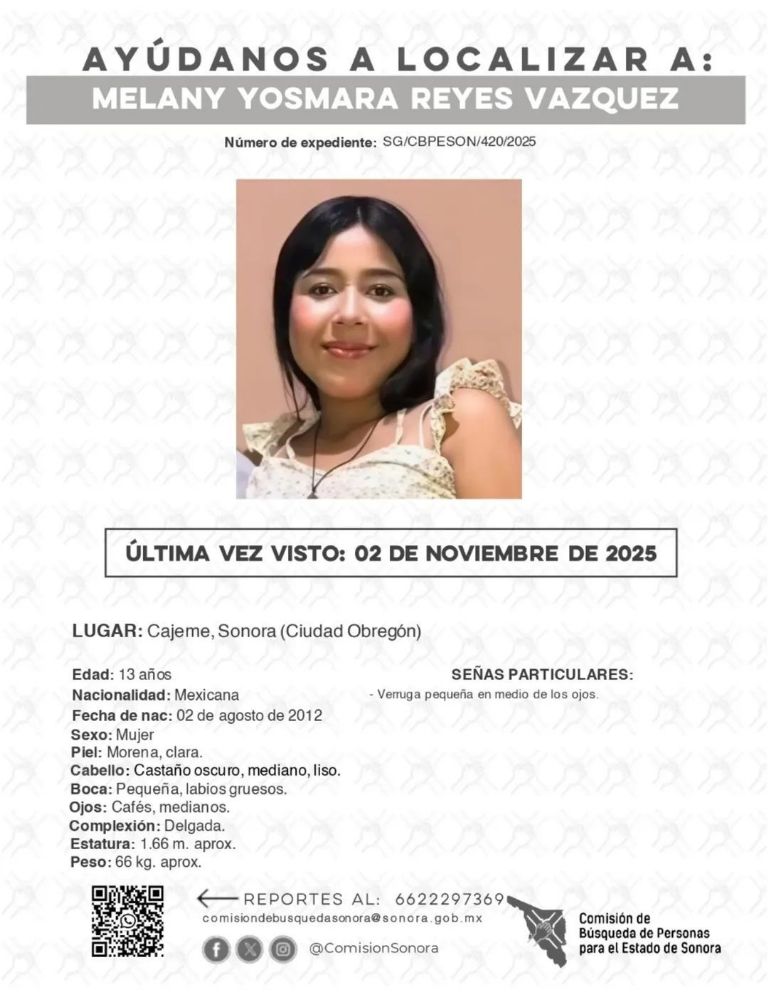 Buscan a Melany Yosamara Reyes Vázquez, adolescente desaparecida en Cajeme