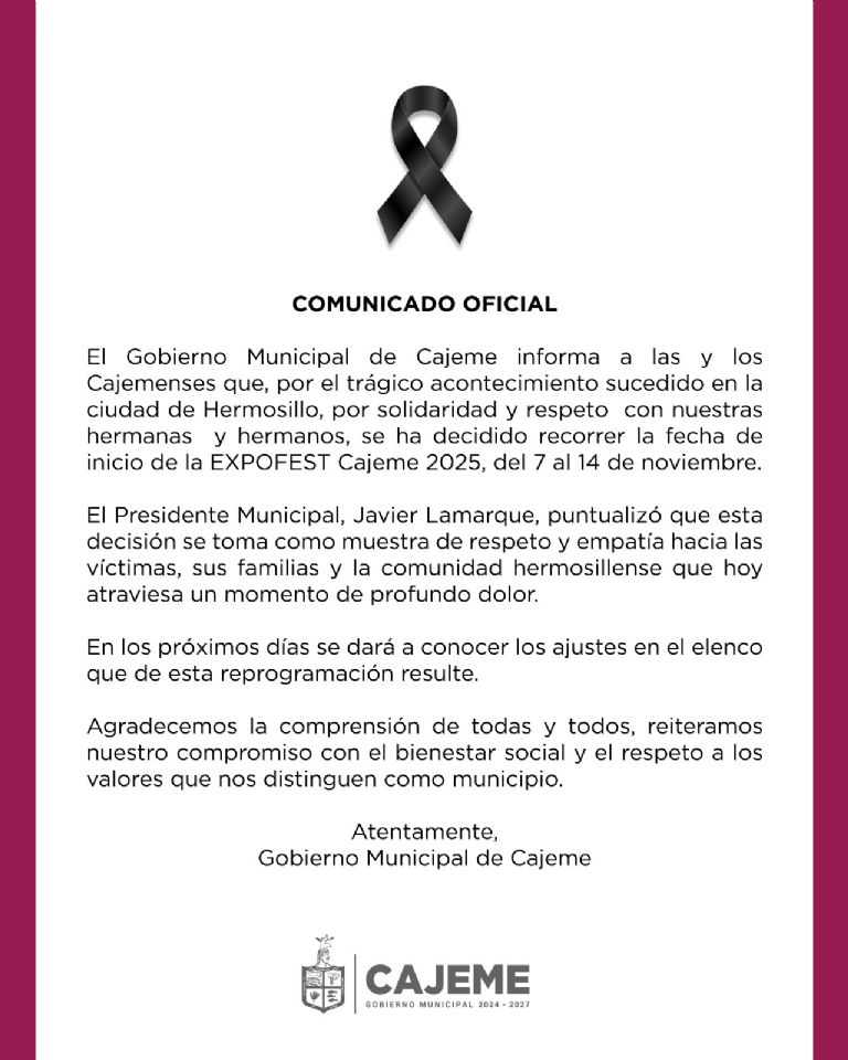Comunicado de cancelación de ExpoFest Cajeme 2025