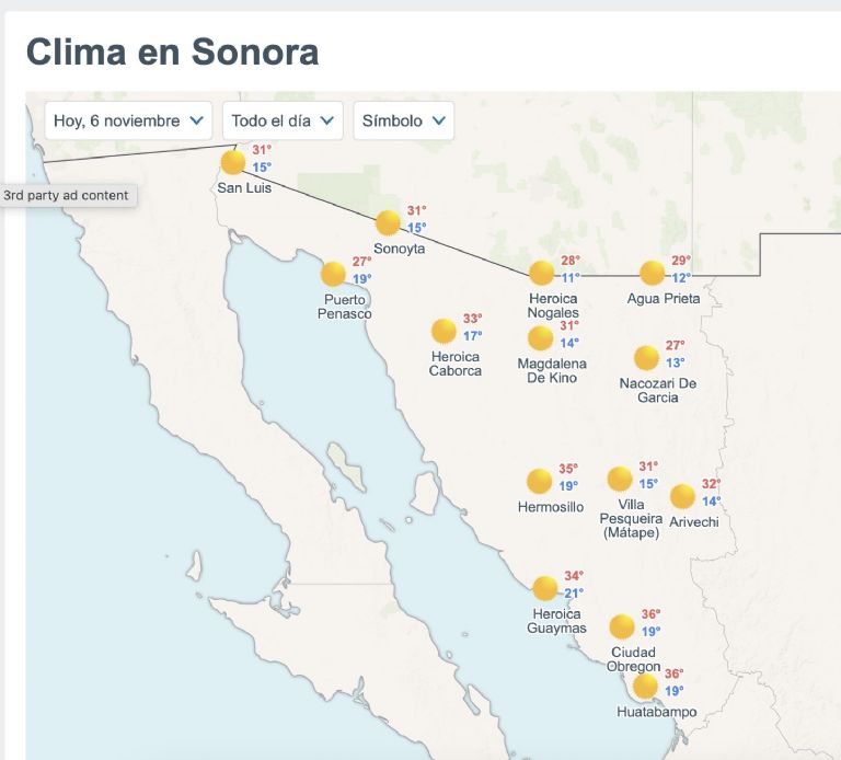 Así estará el clima en Sonora este jueves. Foto: Conagua