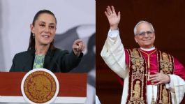 Foto que representa a Sheinbaum y Papa León XIV conversan por llamada telefónica; lo invita a visitar México