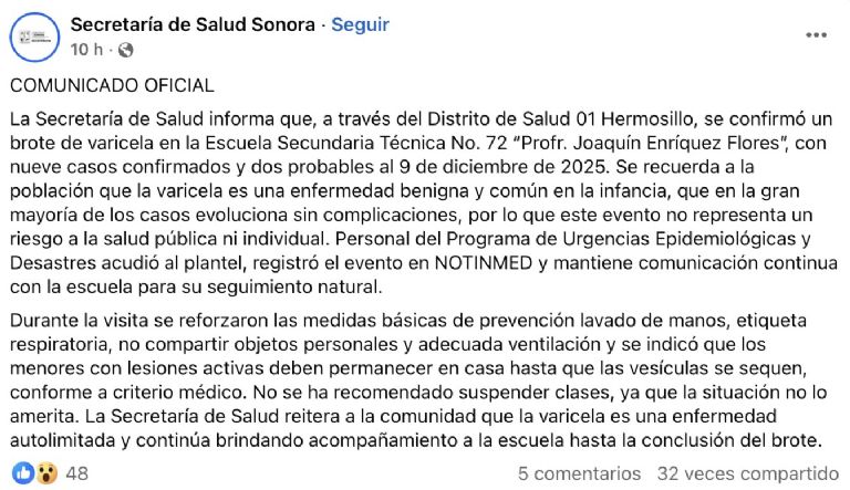 Varicela en Hermosillo: Salud Sonora registra 9 casos en la Técnica 72