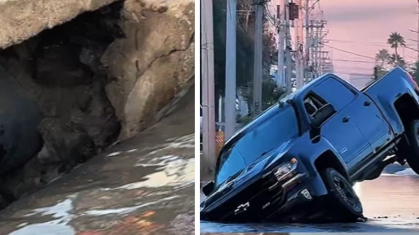 Padre y su hija viven momentos de tensión tras caer pickup en socavón en Hermosillo