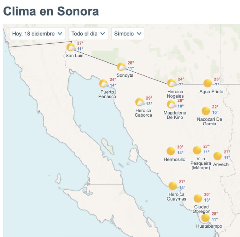 Así será el clima en Sonora HOY jueves 18 de diciembre. Foto: Conagua