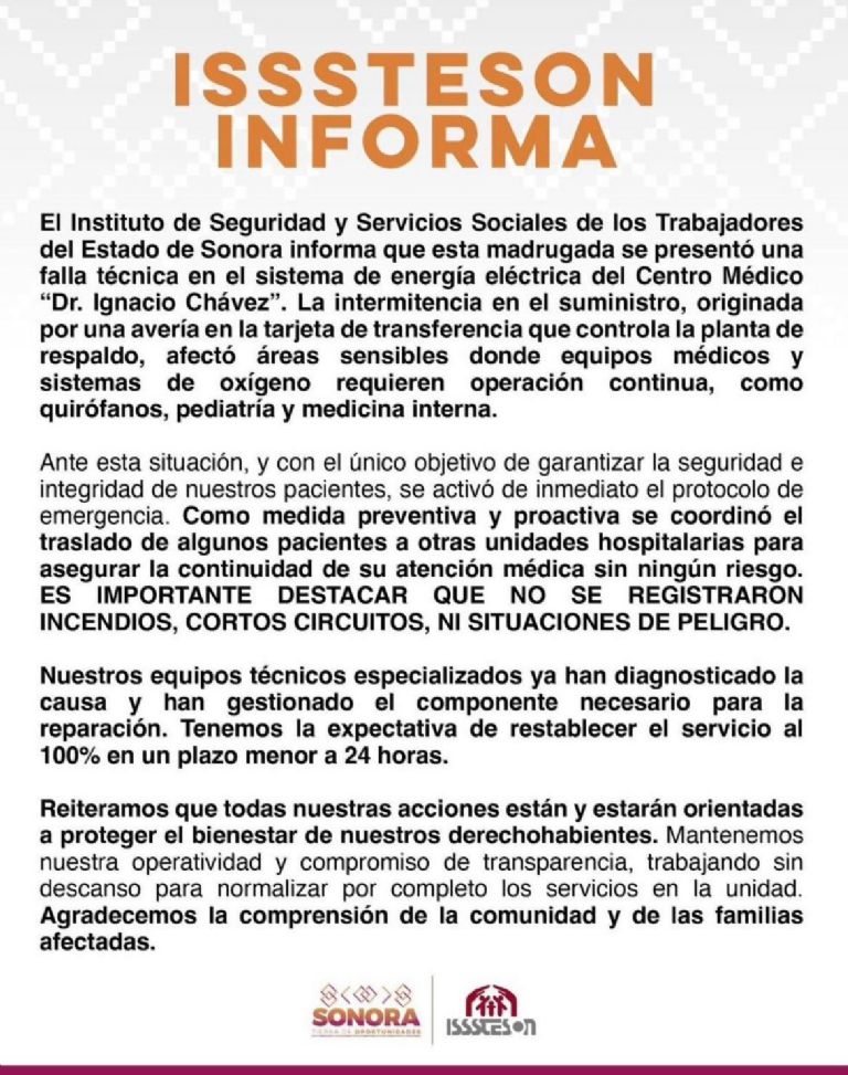 Pánico en Isssteson de Hermosillo: Falla eléctrica en hospital provoca gran movilización y traslado de pacientes