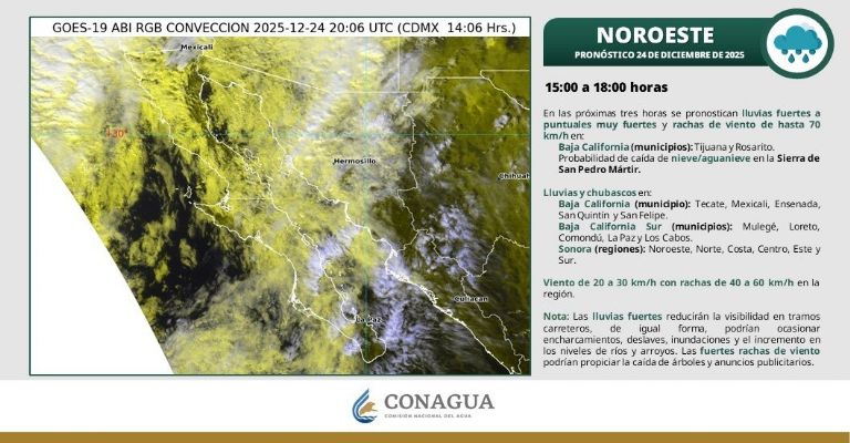 Lluvias para esta tarde-noche en Sonora hoy 24 de diciembre