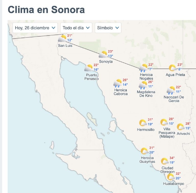 Así será el clima en Sonora este viernes 26 de diciembre. Foto: Conagua