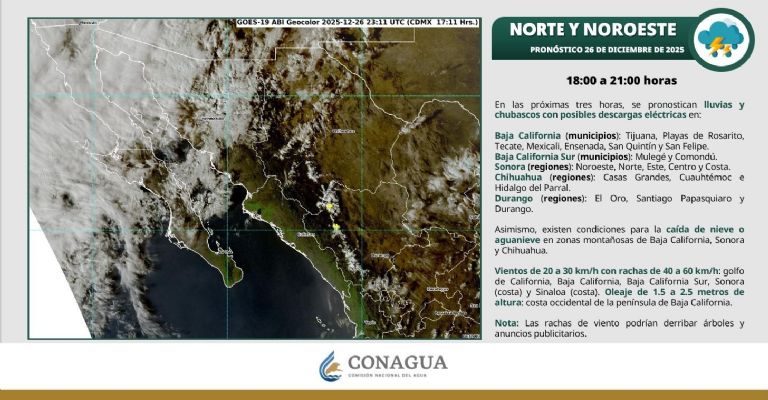 Para esta noche de este viernes 26 de diciembre de 2025 se esperan lluvias y descargas eléctricas