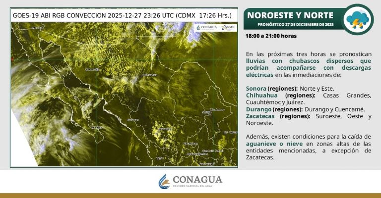 Para este sábado 27 de diciembre en la noche se advierten lluvias y chubascos dispersos en Sonora