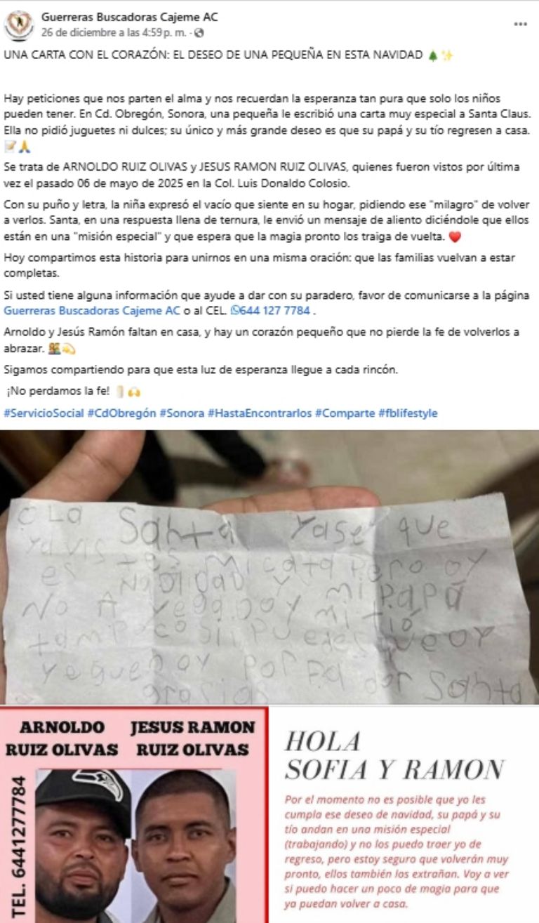 Niña de Ciudad Obregón escribe carta a Santa Claus para pedir el regreso de su padre y su tío desaparecidos