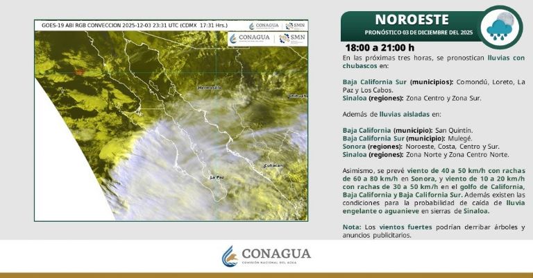 Para esta noche del miércoles 3 de diciembre se prevén lluvias y chubascos en distintas regiones de Sonora