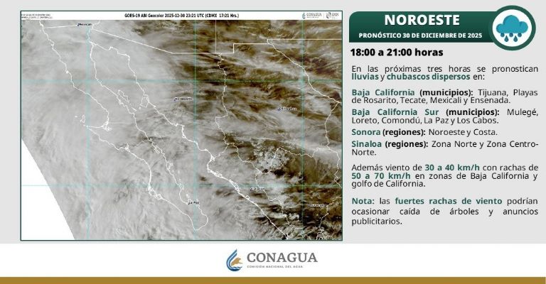 Para esta noche de este martes 30 de diciembre de 2025 se esperan lluvias y chubascos dispersos