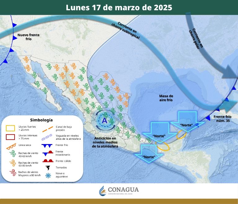 Pronóstico del clima para el lunes 17 de marzo. Foto: Conagua