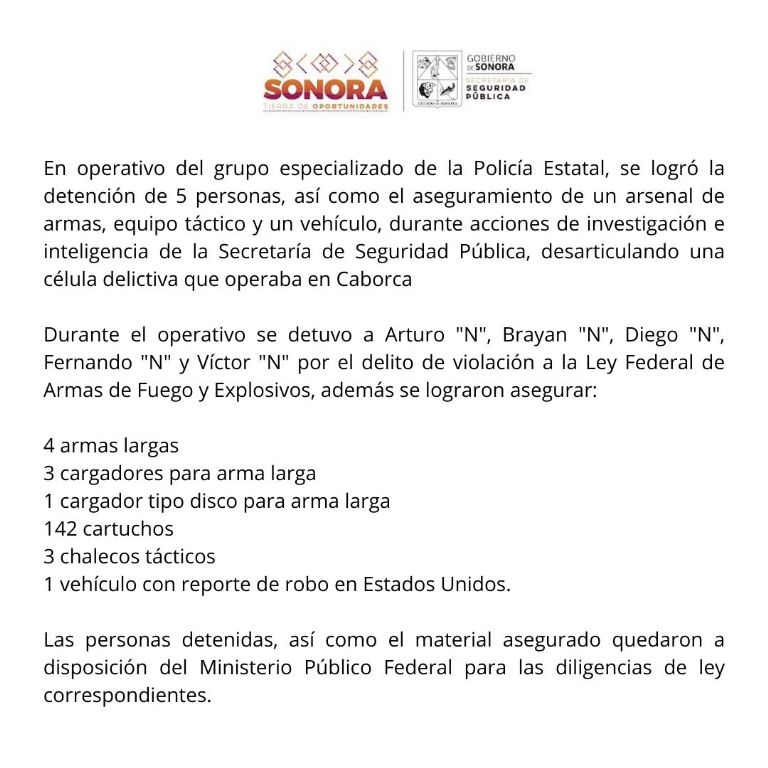 Comunicado oficial sobre la detención de cinco personas en Caborca