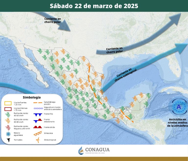 Pronóstico del clima para el sábado 22 de marzo. Foto: Conagua