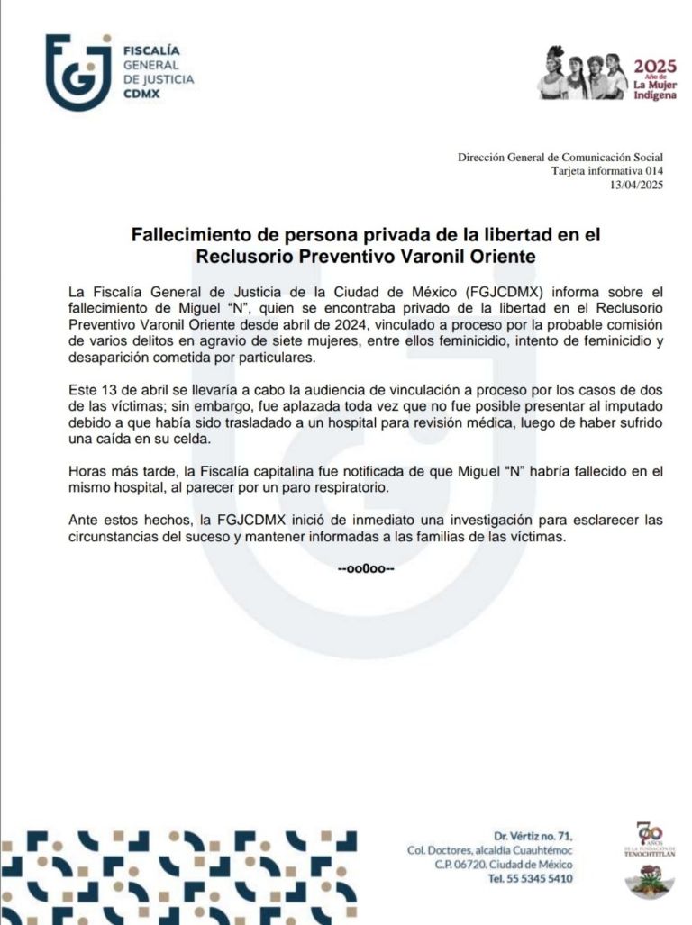 Comunicado de la Fiscalía General de Justicia de la Ciudad de México