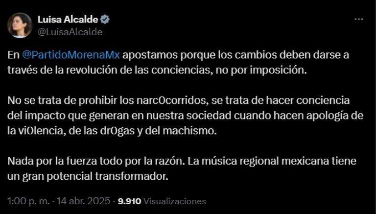 Esta tarde Luisa María Alcalde Luján realizó una publicación en su cuenta de X (antes Twitter)