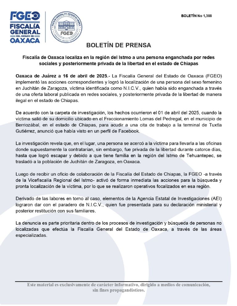 Comunicado de prensa de la Fiscalía del Estado de Chiapas