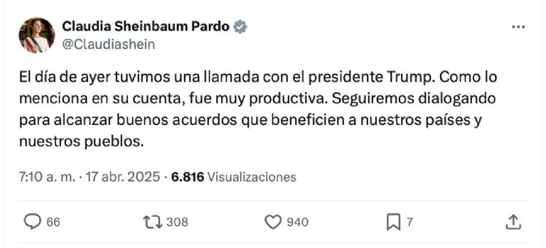Claudia Sheinbaum habló sobre su nueva llamada con Trump. Foto: Twitter