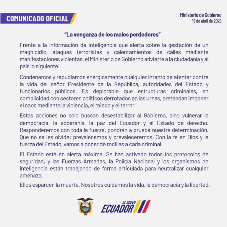 Comunicado del Ministerio de Gobierno del Ecuador