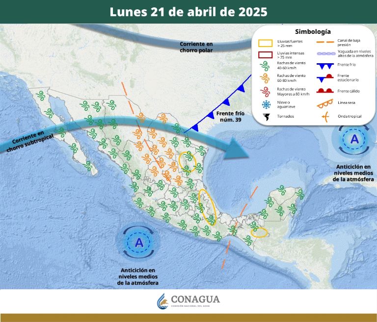 Pronóstico del clima para el lunes 21 de abril. Foto: CONAGUA