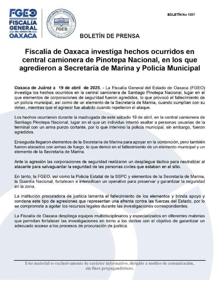 Comunicado de prensa de Fiscalía General del Estado de Oaxaca