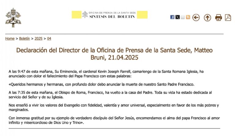 La Santa Sede confirmó la muerte del Papa Francisco este lunes. Foto: Internet