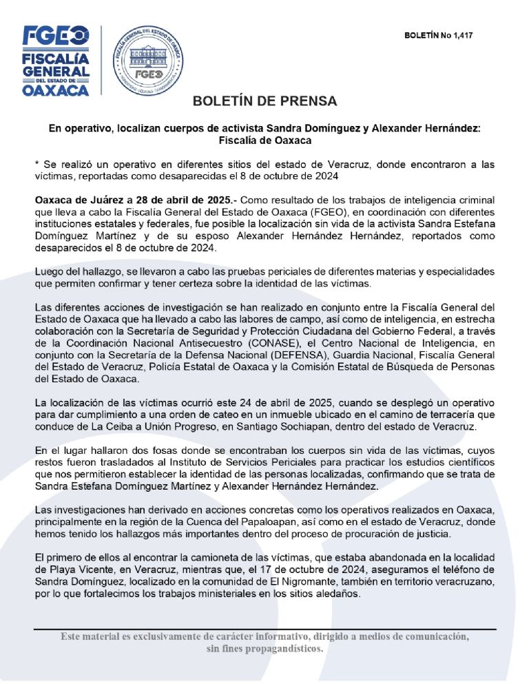 Comunicado de la Fiscalía General del Estado de Oaxaca