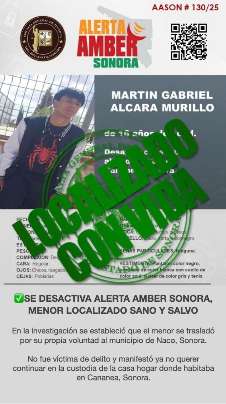 Desactivan Alerta Amber en Sonora tras localización de adolescente. Fuente: FGJES