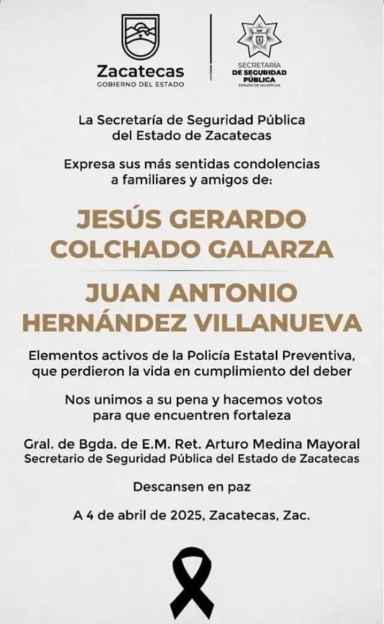 Lamentan asesinato de dos policías estatales en Zacatecas