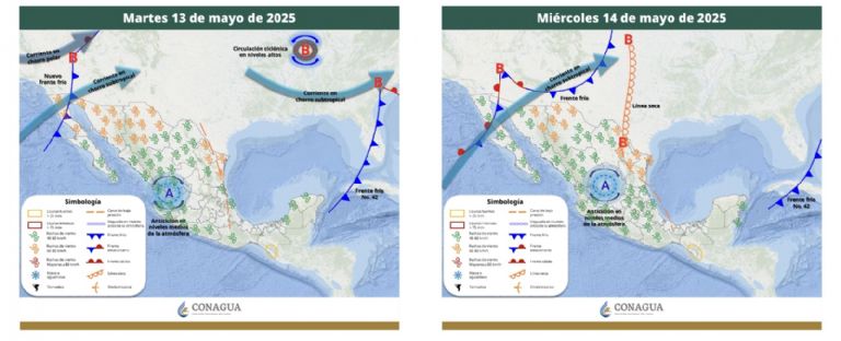 Pronóstico del clima para el martes 13 y miércoles 14 de mayo. Foto: Conagua