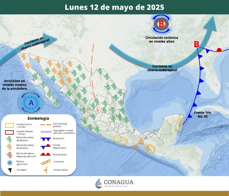 Pronóstico del clima para el lunes 12 de mayo. Foto: Conagua
