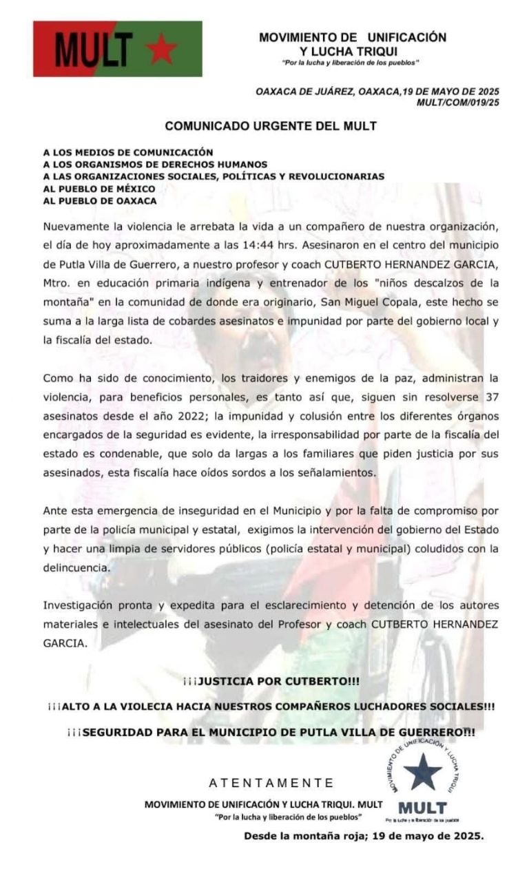 Comunicado del Movimiento de Unificación y Lucha Triqui