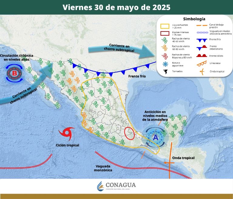 Pronóstico del clima del viernes 30 de mayo. Foto: Conagua