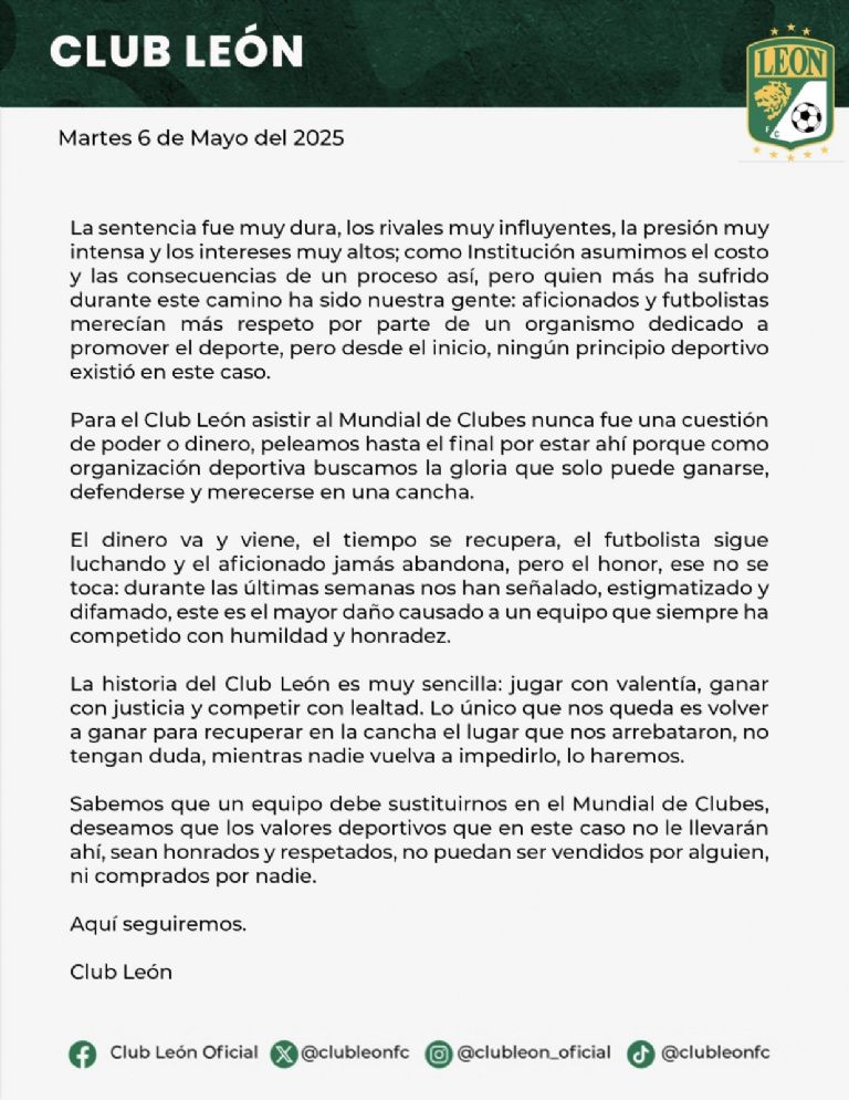 Comunicado de prensa de Club León 